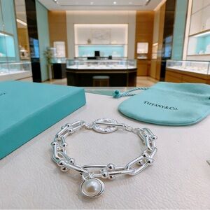 Tiffany & Co. Sterling Silver Link Bracelet with Pearl Drop